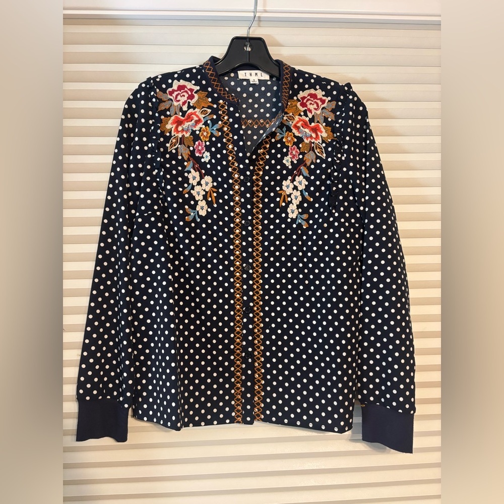 THML Navy Polka Dot Blouse with Floral Embroidery 🧵